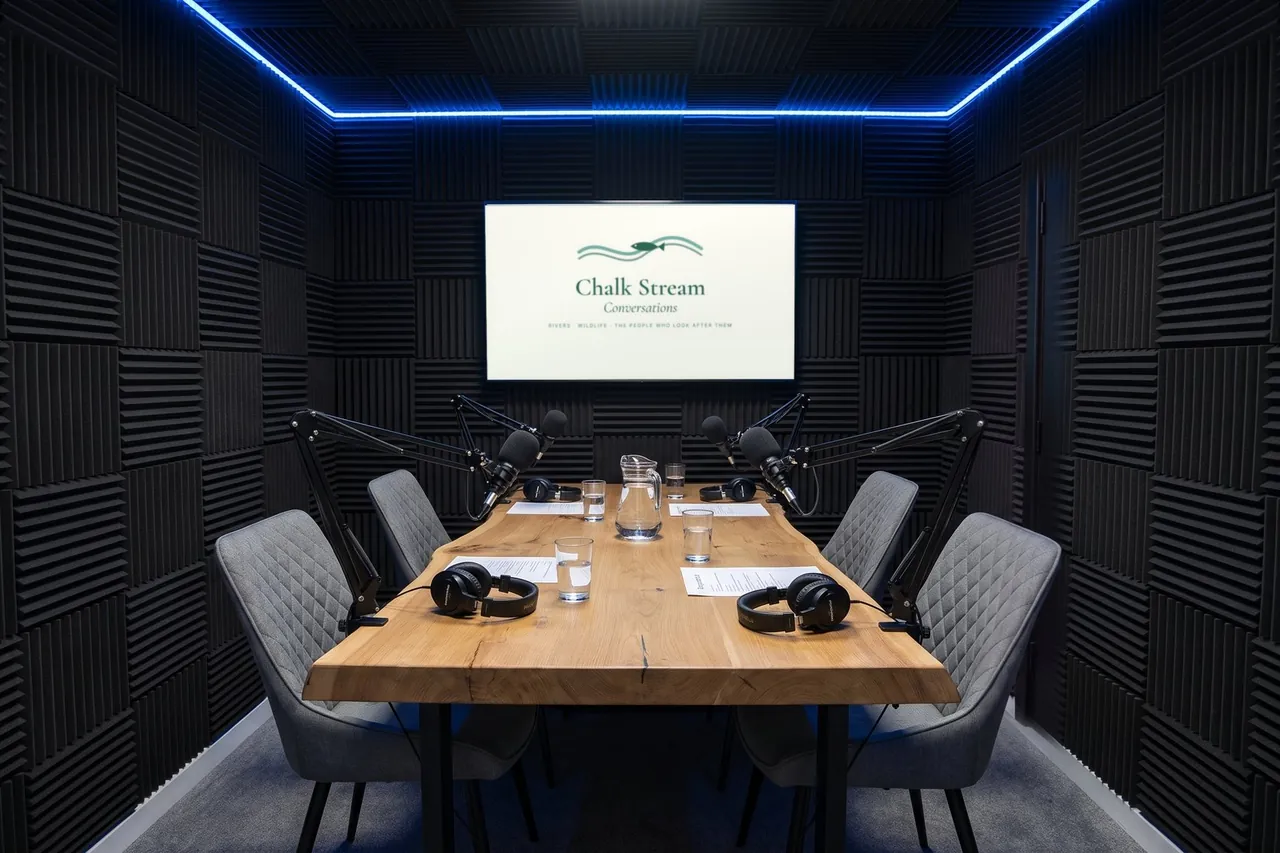 The podcast studio set for a four-person recording, the show card on the screen
