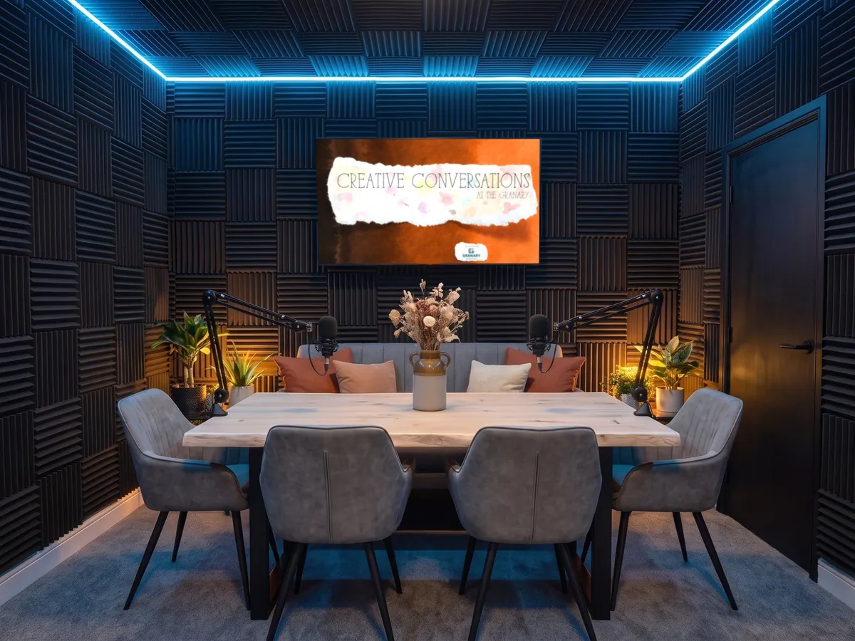 The podcast studio laid as a dinner table for six, Creative Conversations artwork on the screen