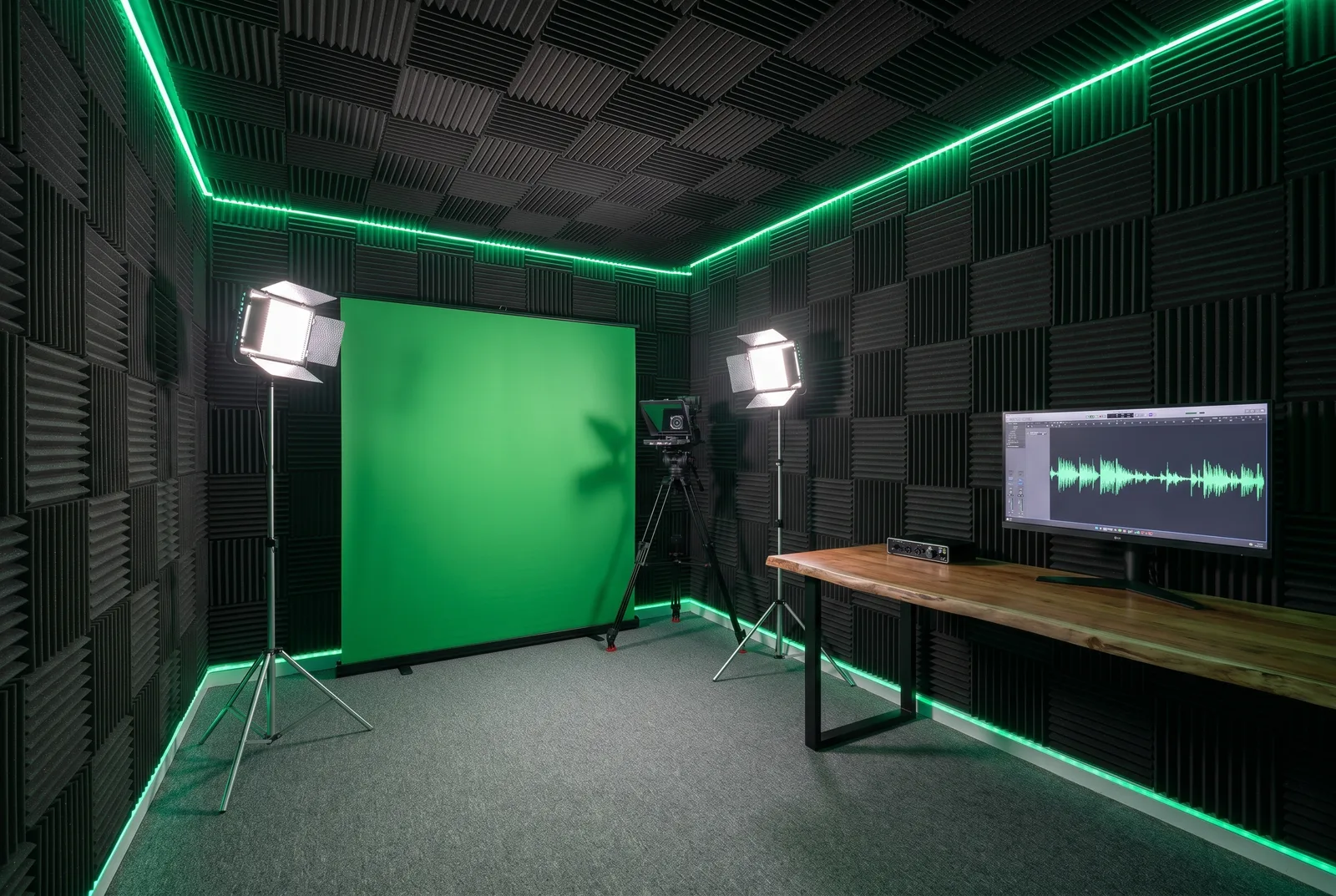 The studio set for video: green screen, teleprompter and lights